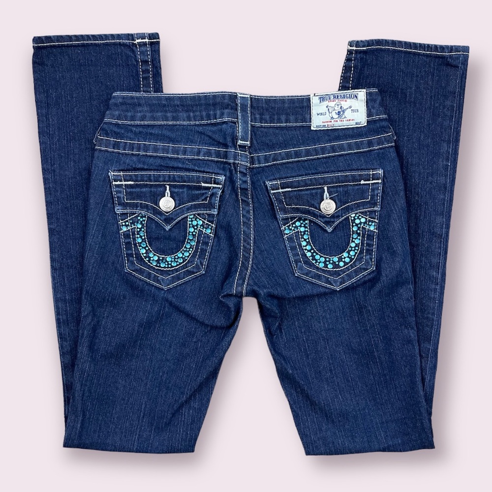 TRUE RELIGION Dark Blue Wash Turquoise Gemstone Embellished Low Rise Billy Jeans